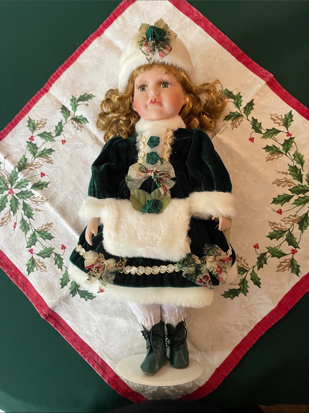 Holiday Green Velvet Plush-Lined Porcelain Doll
